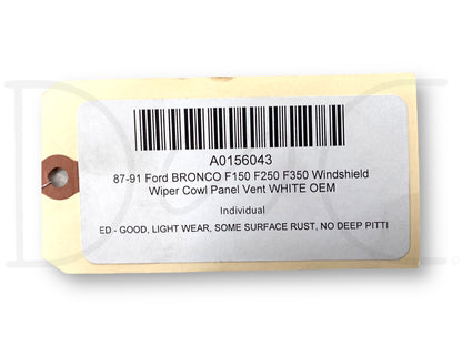 87-91 Ford Bronco F150 F250 F350 Windshield Wiper Cowl Panel Vent White OEM