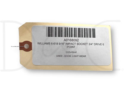 Williams 6-618 9/16" Impact Socket 3/4" Drive 6 Point