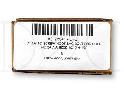 (Lot Of 10) Screw Hook Lag Bolt For Pole Line Galvanized 1/2" X 4-1/2"