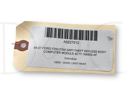 04-07 Ford F250 F350 Anti Theft Keyless Body Computer Module 4C7T-15K602-Af