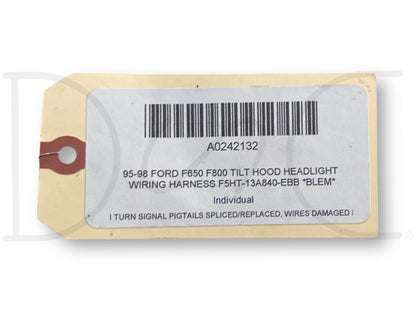 95-98 Ford F650 F800 Tilt Hood Headlight Wiring Harness F5Ht-13A840-EBb *Blem*
