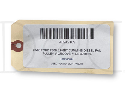 93-98 Ford F800 5.9 6Bt Cummins Diesel Fan Pulley V-Groove 7" OE 3919624