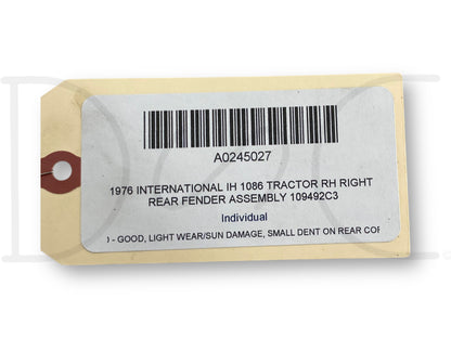 1976 International IH 1086 Tractor RH Right Rear Fender Assembly 109492C3