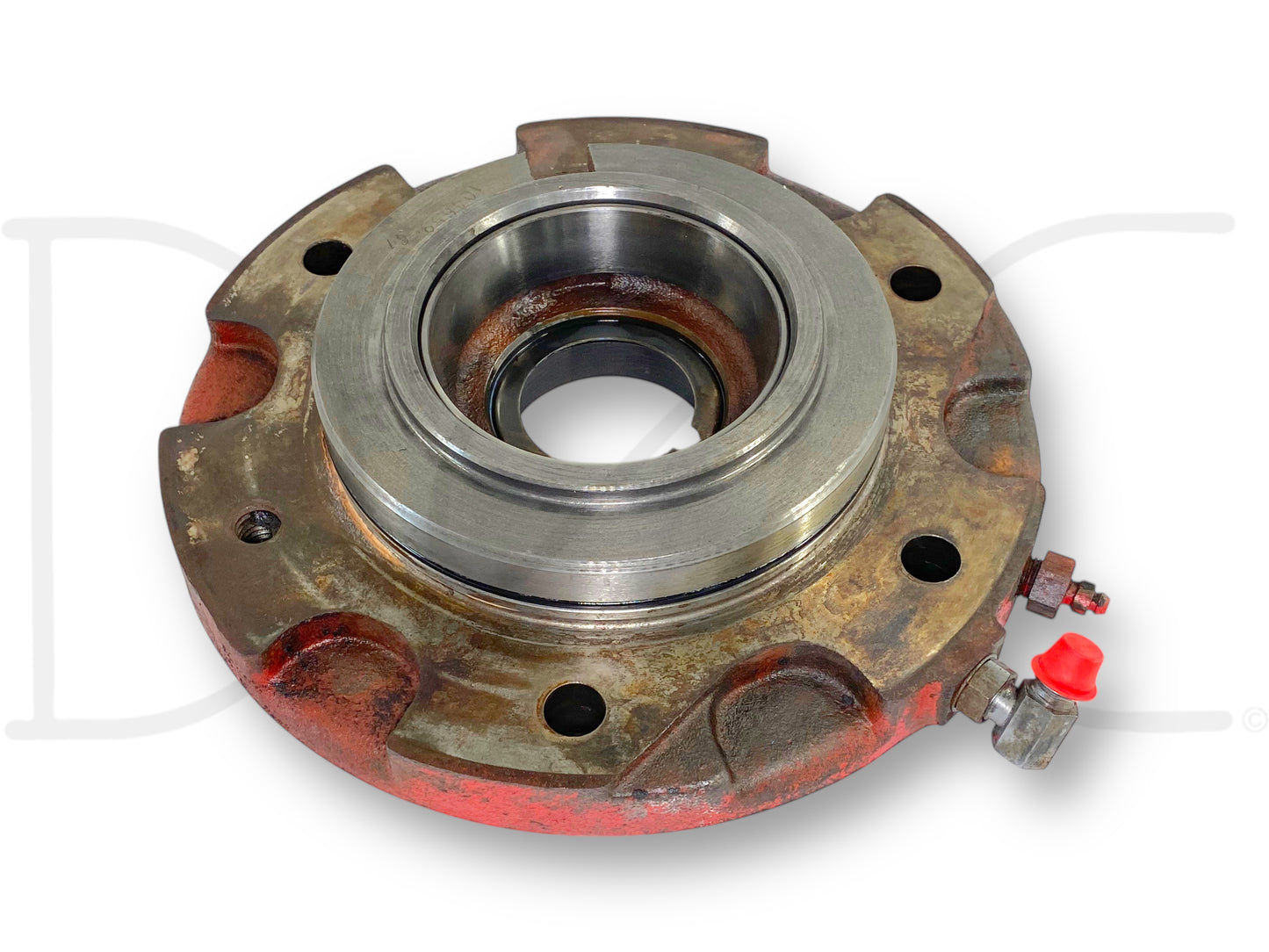 1976 International IH 1086 Tractor Brake Housing W/ Piston 104658C91 used with light wear, showing metal and rusted surfaces, including hydraulic fitting on side.