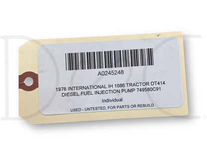 1976 International IH 1086 Tractor Dt414 Diesel Fuel Injection Pump 749580C91