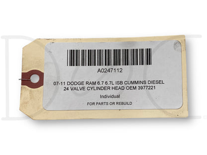07-11 Dodge Ram 6.7 6.7L Isb Cummins Diesel 24 Valve Cylinder Head OEM 3977221