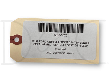 92-97 Ford F250 F350 Front Center Bench Seat Lap Belt Seatbelt Gray OE *Blem*