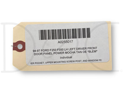 94-97 Ford F250 F350 LH Left Driver Front Door Panel Power Mocha Tan OE *Blem*