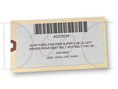 92-97 Ford F250 F350 Super Cab LH Left Driver Rear Seat Belt Seatbelt Tan OE
