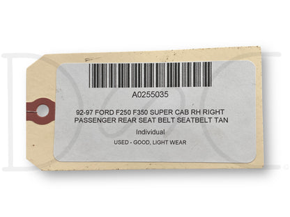 92-97 Ford F250 F350 Super Cab RH Right Passenger Rear Seat Belt Seatbelt Tan