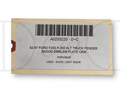 92-97 Ford F250 F-250 XLT Truck Fender Badge Emblem Plate OEM