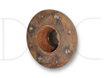 05-10 Ford F350 DRW Dually DANA 80 Rear Axle Pinion Driveshaft Companion Flange with light rust and wear, used part removed from 2005 Ford F-350 truck for Super Duty repair.