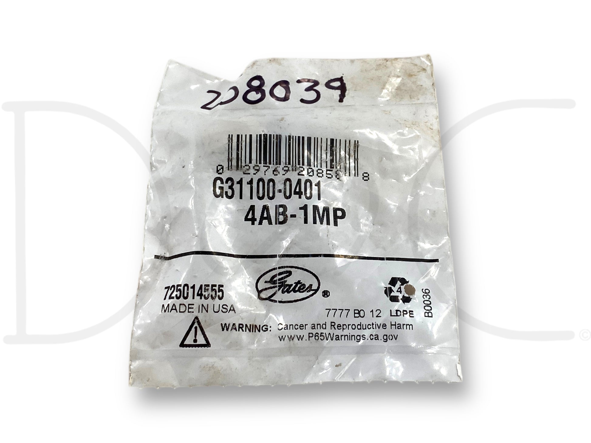 Gates G31100-0401 4Ab-1Mp Hose Line Tubing To Pipe Thread Fitting in its original packaging, labeled as new old stock with barcode and product codes visible.