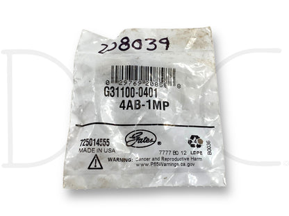 Gates G31100-0401 4Ab-1Mp Hose Line Tubing To Pipe Thread Fitting in its original packaging, labeled as new old stock with barcode and product codes visible.