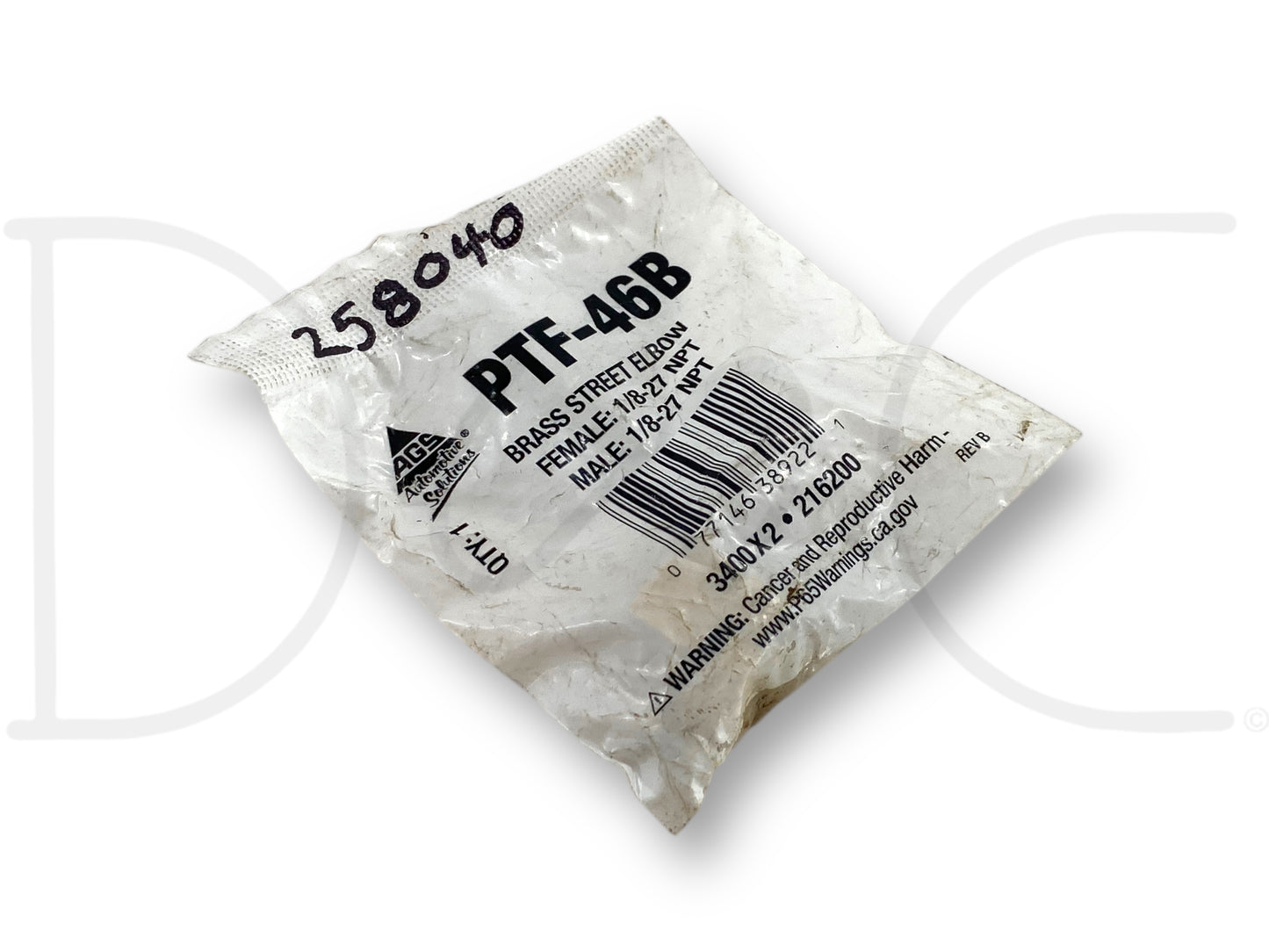 Packaging for Gates Ptf-46B Brass Street Elbow Female 1/8-27 Npt To Male 1/8-27 Npt, new old stock part suitable for diesel truck repairs and maintenance.