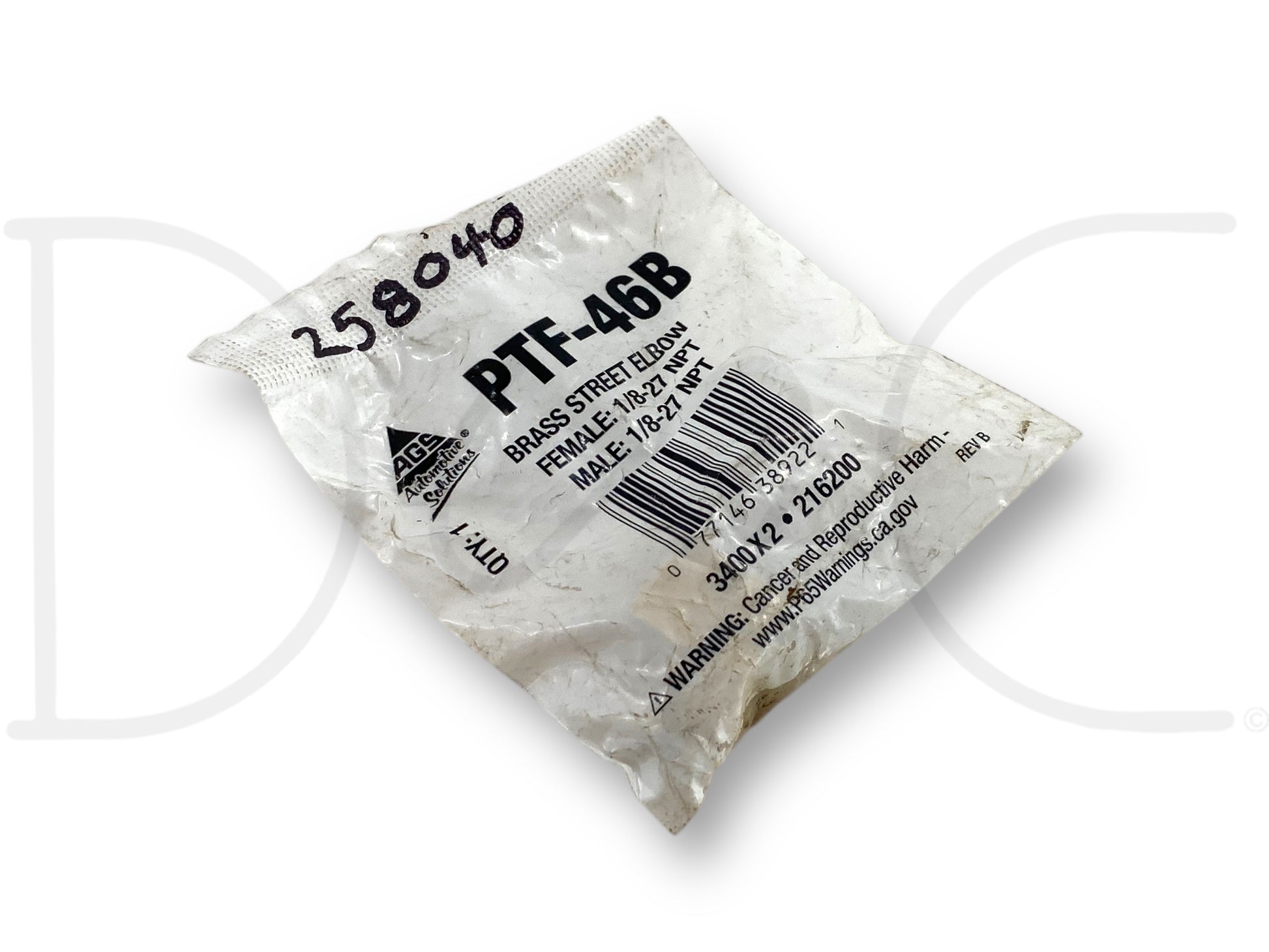 Packaging for Gates Ptf-46B Brass Street Elbow Female 1/8-27 Npt To Male 1/8-27 Npt, new old stock part suitable for diesel truck repairs and maintenance.