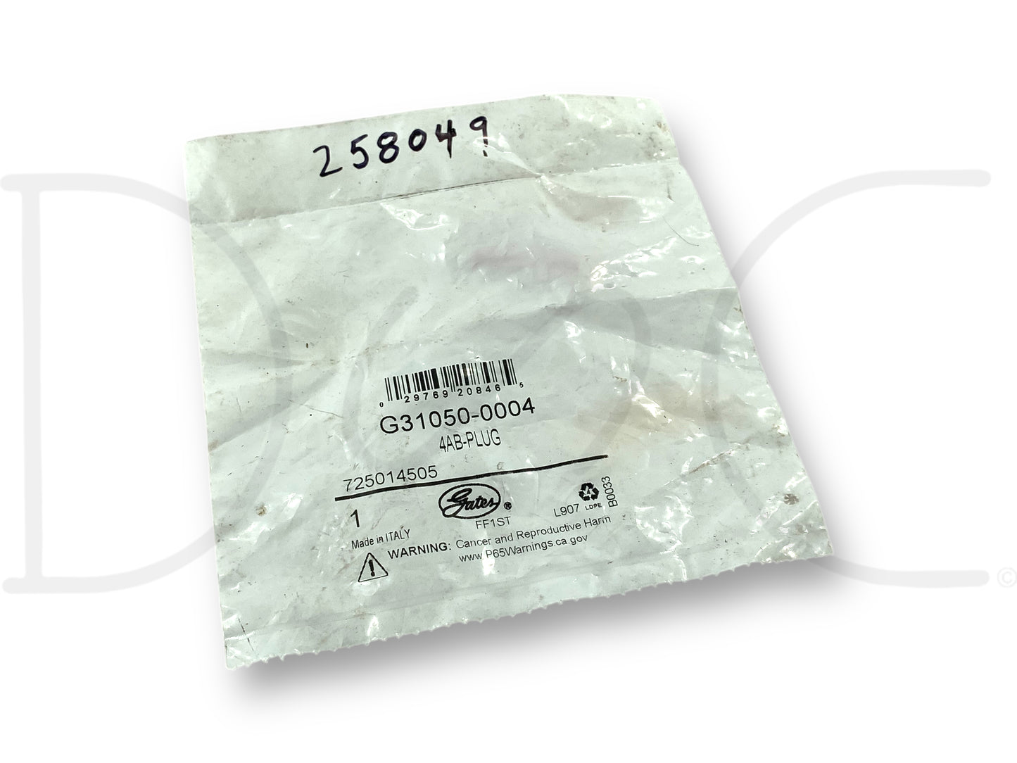 Packaging bag for Gates G31050-0004 Surelok Air Hose End Plug 4Ab Nos, new old stock condition, showing product label and part number details.