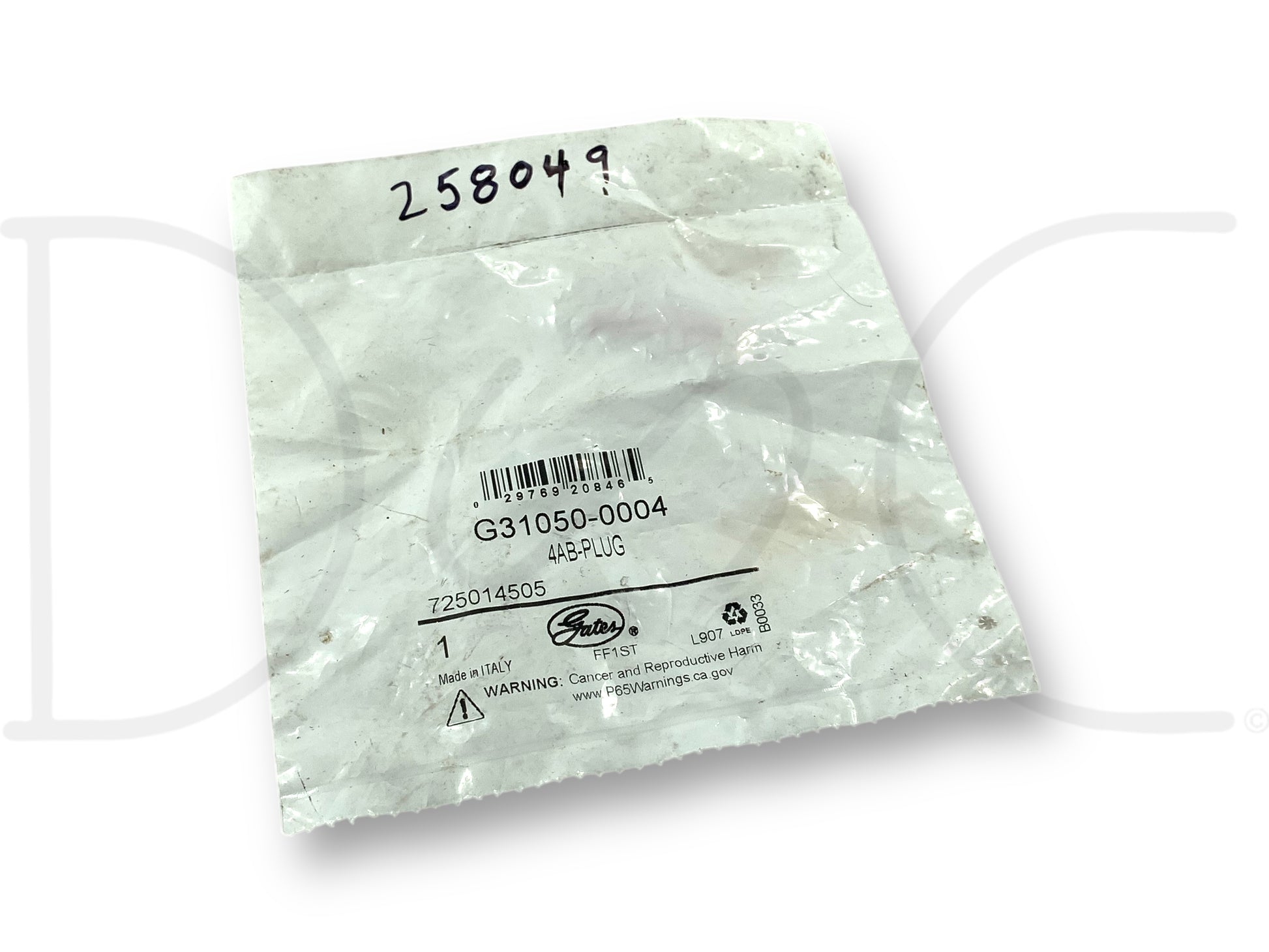 Packaging bag for Gates G31050-0004 Surelok Air Hose End Plug 4Ab Nos, new old stock condition, showing product label and part number details.
