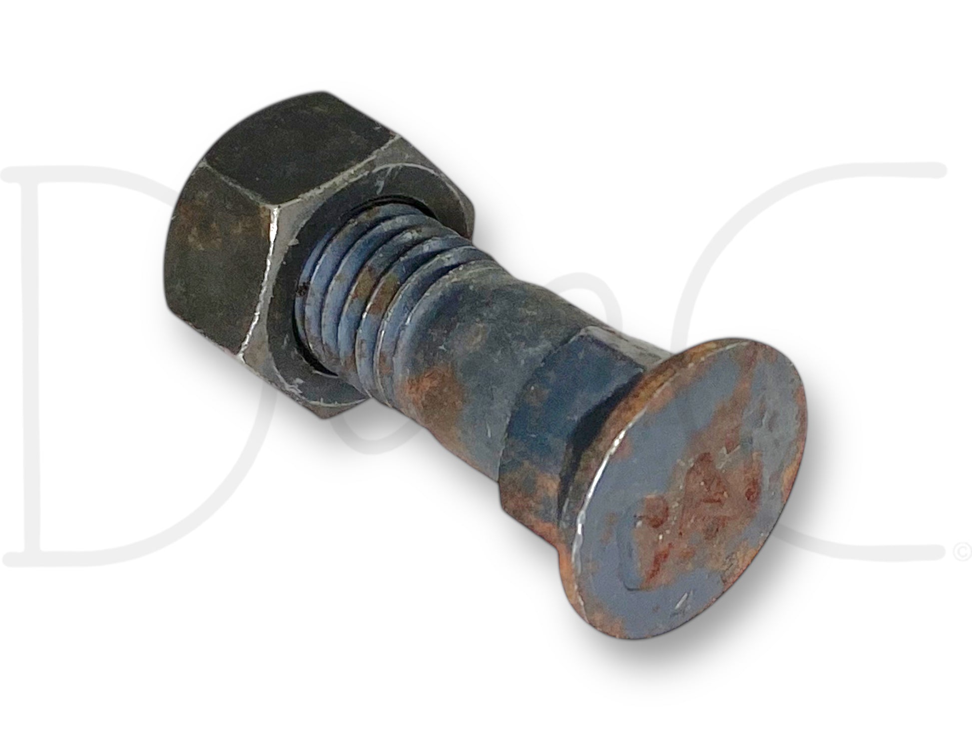 Cat 4F-3654 5/8-11 Thread 2" Long Cutting Edge Plow Bolt W/ Nut OEM Caterpillar with surface rust spots from storage, suitable for heavy-duty diesel trucks.