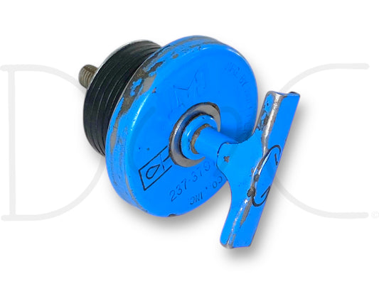 Cat 237-3797 Non-Vented Hydraulic Oil Fill Cap OEM Caterpillar 2373797, used condition with light wear, blue metal top and black threaded base for heavy-duty hydraulic systems.
