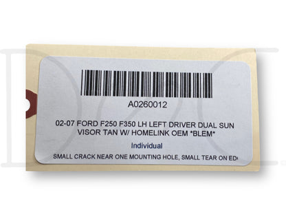 02-07 Ford F250 F350 LH Left Driver Dual Sun Visor Tan W/ Homelink OEM *Blem*
