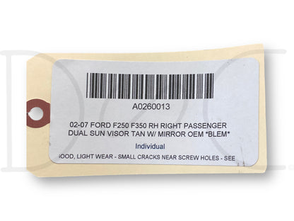 02-07 Ford F250 F350 RH Right Passenger Dual Sun Visor Tan W/ Mirror OEM *Blem*