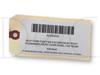 05-07 Ford F250 F350 Excursion RH Right Passenger Front Door Panel Tan *Blem*