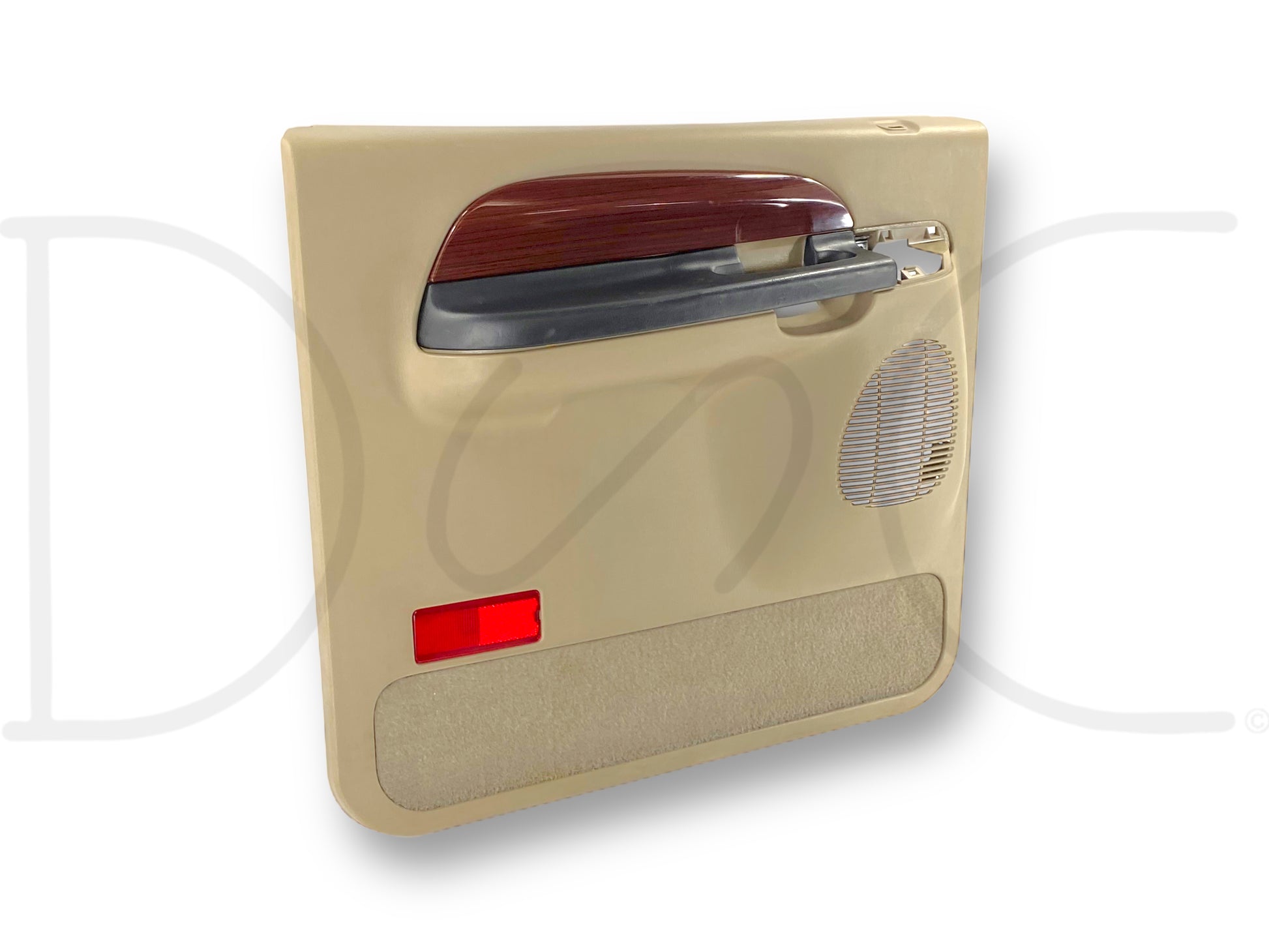 2005 Ford Excursion Limited LH Left Driver Rear Door Panel Tan OE with wood grain trim, chrome handle, speaker grille, and reflector, used in good condition with light wear.