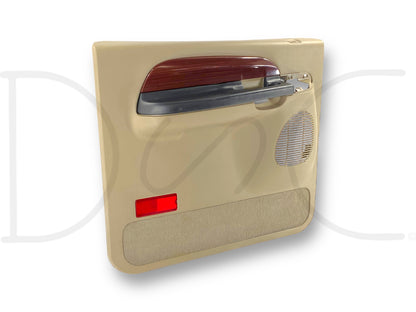 2005 Ford Excursion Limited LH Left Driver Rear Door Panel Tan OE with wood grain trim, chrome handle, speaker grille, and reflector, used in good condition with light wear.