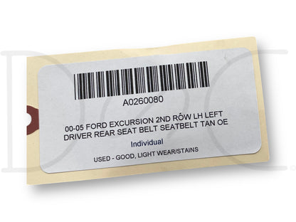 00-05 Ford Excursion 2nd Row LH Left Driver Rear Seat Belt Seatbelt Tan OE