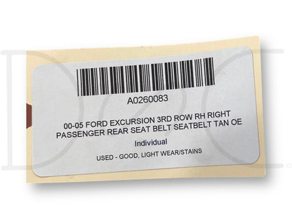 00-05 Ford Excursion 3Rd Row RH Right Passenger Rear Seat Belt Seatbelt Tan OE