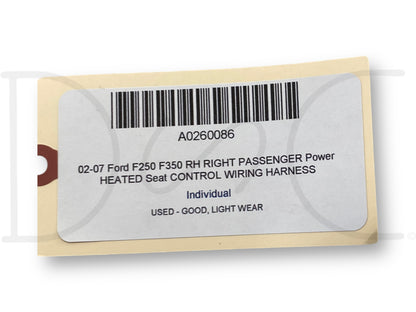 02-07 Ford F250 F350 RH Right Passenger Power Heated Seat Control Wiring Harness