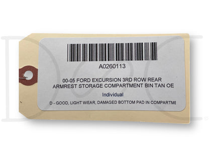 00-05 Ford Excursion 3rd Row Rear Armrest Storage Compartment Bin Tan OE