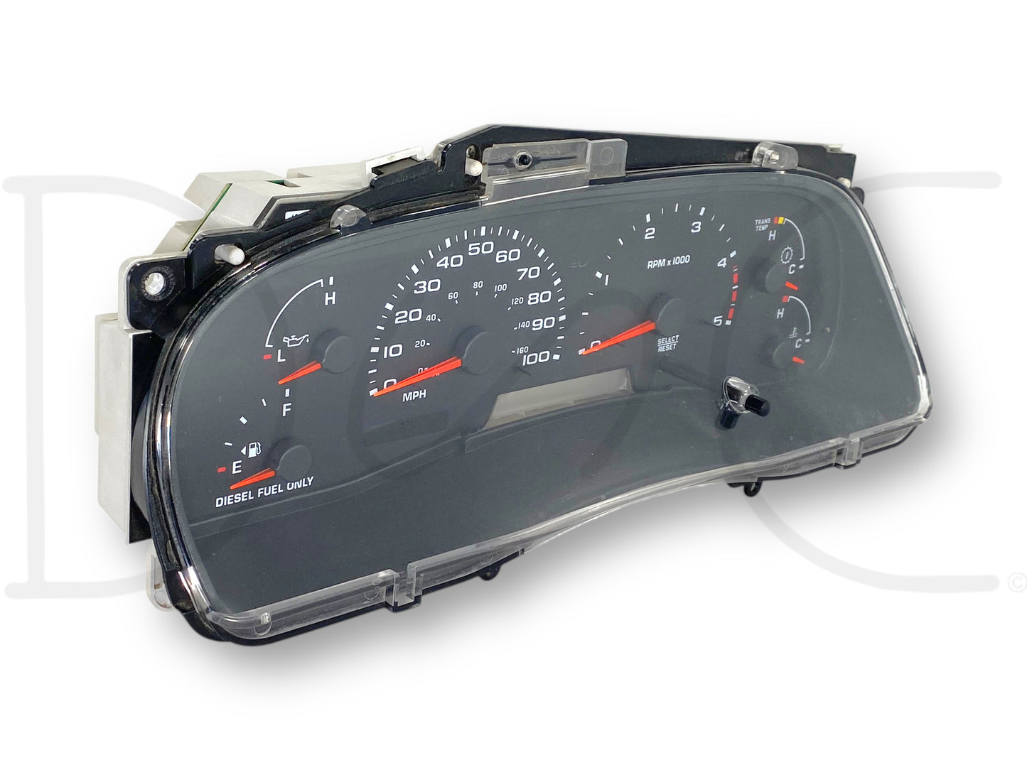 05 2005 Ford Excursion Diesel Instrument Gauge Cluster Speedometer 5C7T-10849-Ca with speedometer, fuel gauge, temperature gauge, and tachometer, used condition with light wear.
