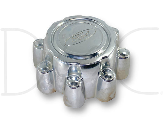 99-04 Ford F250 F350 Super Duty Wheel Center Hub Cap Hubcap Chrome OEM with light wear and surface blemishes, suitable for Ford Excursion, F-250, and F-350 trucks.