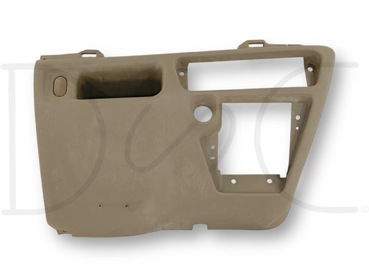 99-04 Ford F250 F350 Center Lower Dash Bezel Pocket Tan OE 1C3X-2504302-A, used condition with light wear and two screw holes, compatible with Ford Super Duty trucks.