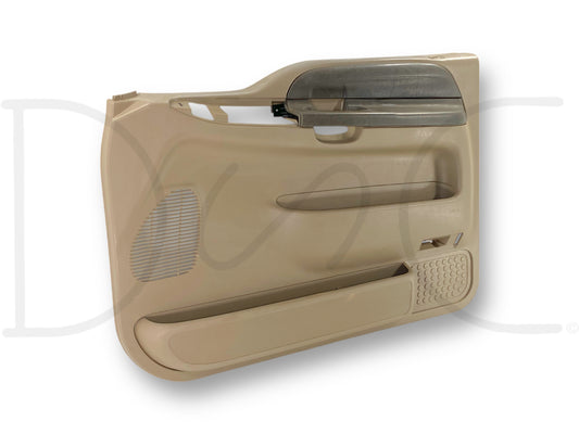 99-02 Ford F250 F350 RH Right Passenger Front Door Panel Power Tan OE, used condition with light wear and fading on top edge, compatible with Ford Super Duty trucks.