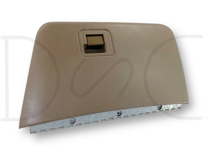99-02 Ford F250 F350 Dash Glove Box Storage Bin Compartment Tan OE with integrated latch, used good condition, compatible with 1999-2002 Ford Super Duty trucks including F-250 and F-350 models.