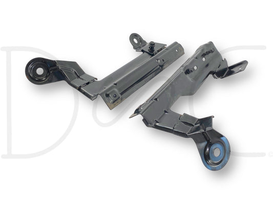 Pair of used 99-07 Ford F250 F350 Center Console Jump Seat Mount Bracket Base OEM Brackets with light wear, black metal construction for Super Duty truck fitment.