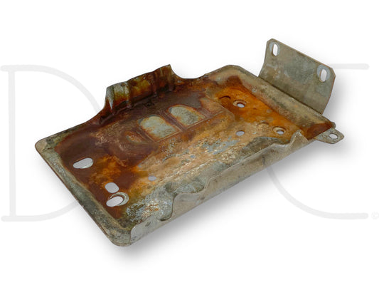 99-07 Ford F250 F350 RH Right Passenger Side Battery Tray Mount Bracket OE, used with light wear and rust, compatible with 1999-2007 Ford Super Duty trucks.