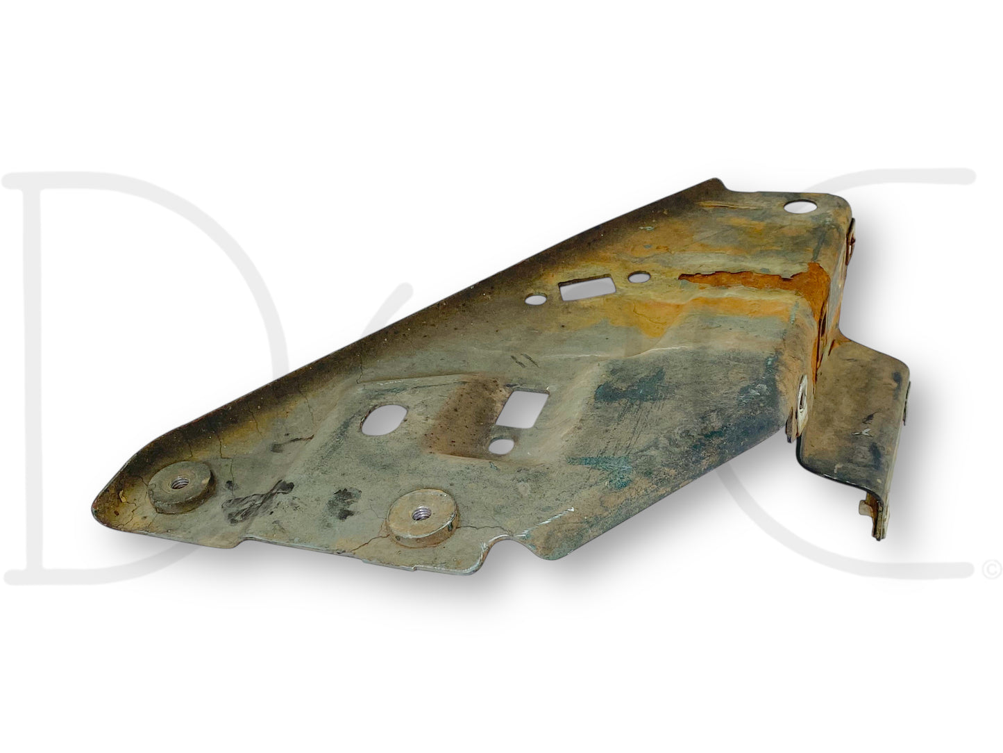99-07 Ford F250 F350 RH Right Passenger Side Battery Tray Mount Support Bracket used with light wear, removed from 2002 Ford F-250 XLT 7.3L Diesel truck, showing surface rust and structural mounting points.