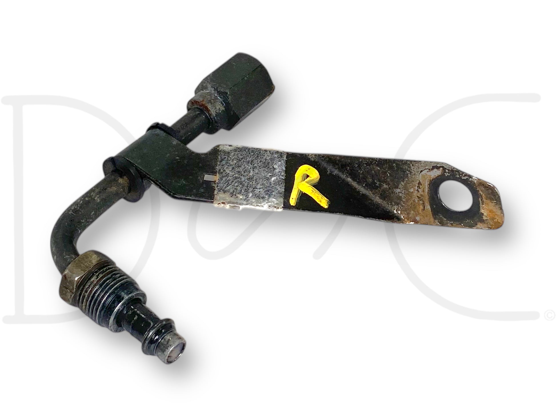 99-04 Ford F250 F350 RH Right Hydrboost Line Elbow Hose Adapter OEM used with light wear, compatible with 1999-2004 Ford Super Duty trucks, featuring metal construction and mounting hole.