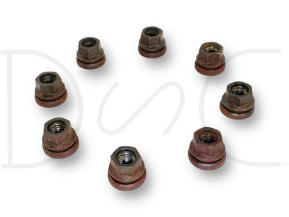 99-02 Ford F250 F350 Lug Nut Set Of 8 Coarse Thread Lug Nuts 21MM OE, used with light wear, compatible with 1999-2002 Ford Super Duty trucks, showing metal nuts with washers.