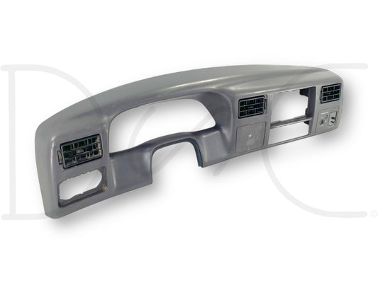 99-04 Ford F250 F350 Super Duty Dash Bezel Radio Cluster Trim Panel Gray *Blem* showing used condition with some blemishes, broken screw post, and two screw holes near center, compatible with 1999-2004 Ford Super Duty trucks.