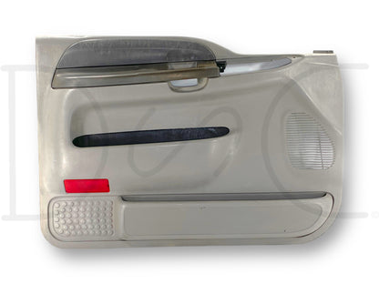 99-07 Ford F250 F350 LH Left Driver Front Door Panel Power Gray OE *Blem* used door panel with fading on top edge, scuffs on back edge, and stains inside pockets, compatible with Ford Super Duty trucks.