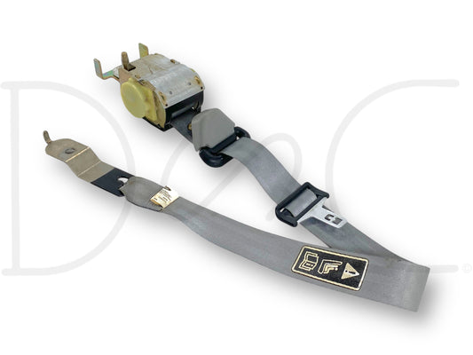 99-04 Ford F250 F350 Super Cab RH Right Passenger Rear Seat Belt Seatbelt Gray with light wear, compatible with 1999-2004 Ford F-250, F-350, F-450, and F-550 trucks.