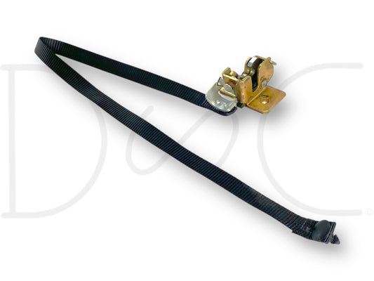 99-00 Ford F250 F350 Super Cab Rear Folding Seat Back Latch Release Assembly with black nylon strap and metal latch mechanism, used condition with light wear for Super Duty trucks.