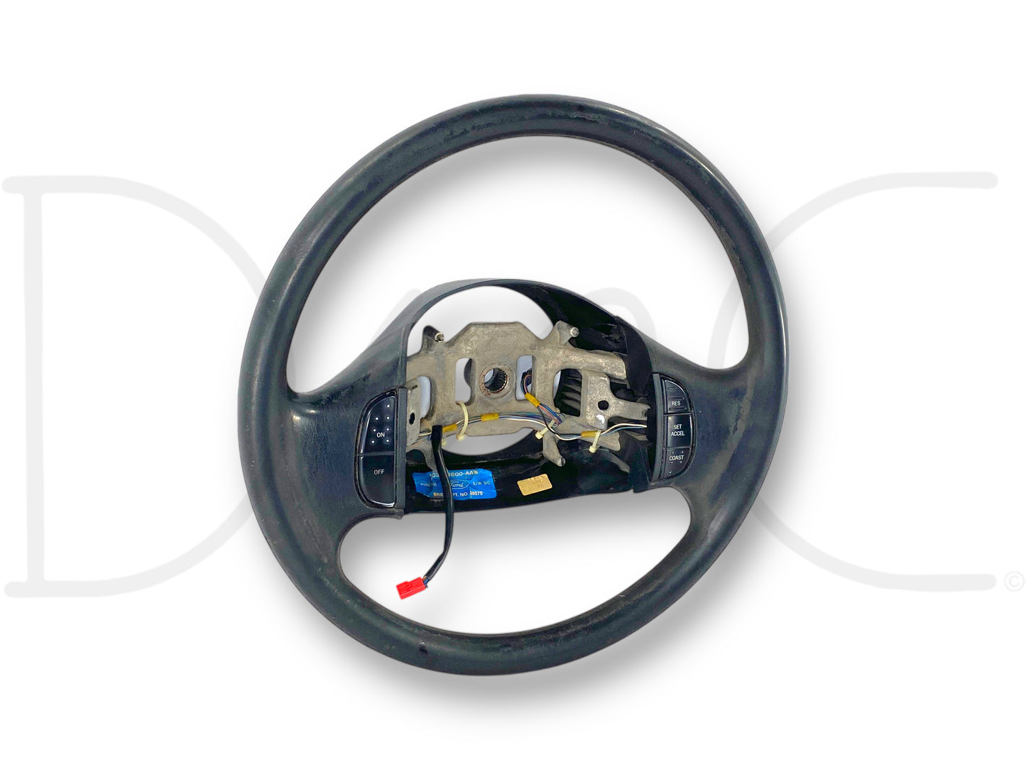 99-02 Ford F250 F350 Steering Wheel W/ Cruise Buttons OE Black 1C3A-3600-Aaw with used condition, light wear, and surface blemishes from steering wheel cover, suitable for Ford Super Duty trucks.