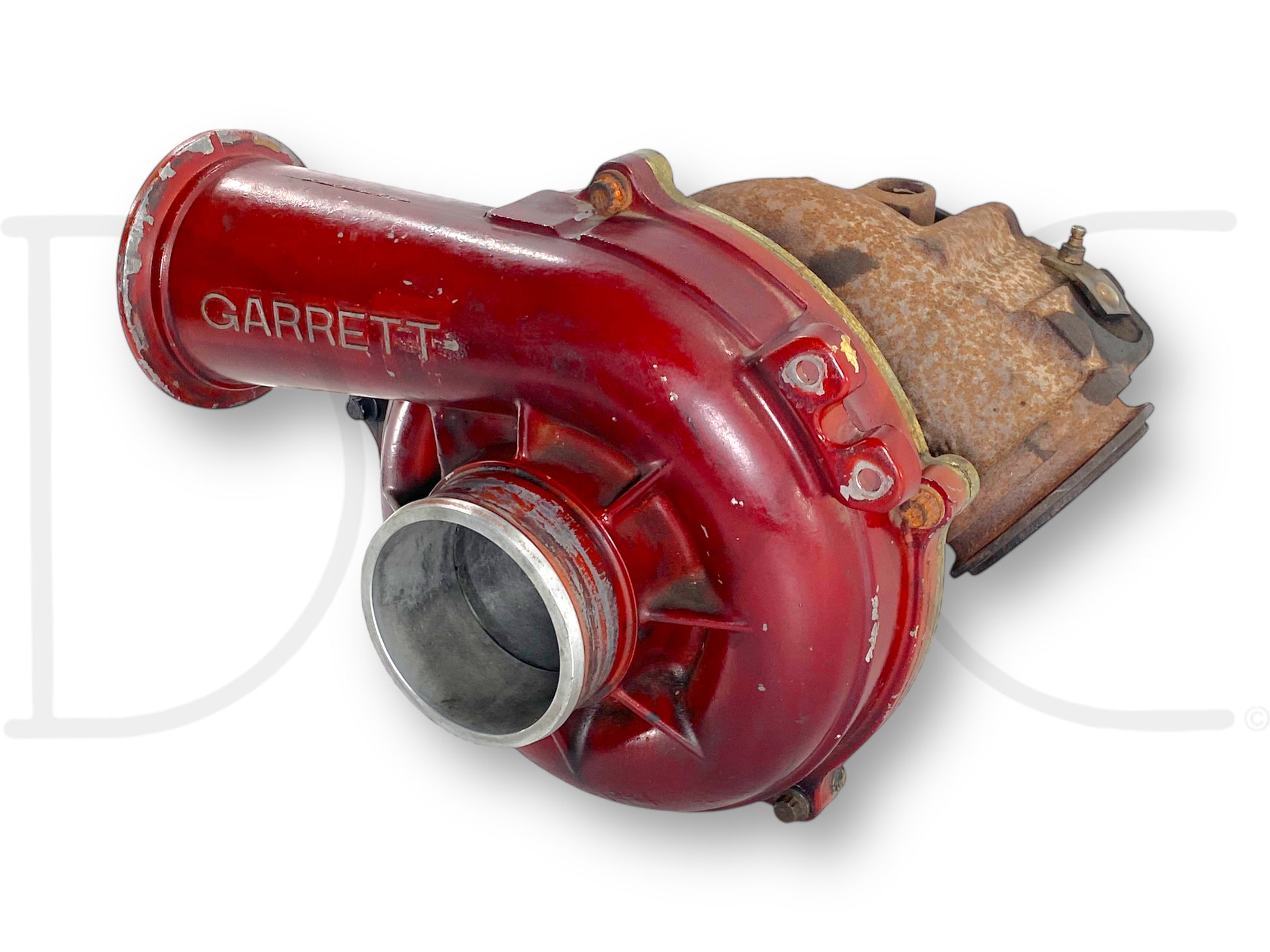 99-02 Ford F250 F350 7.3 7.3L Diesel Turbo Turbocharger 1831383C93 *Core* with red compressor housing, used condition for parts or rebuild, showing wear on compressor wheel.