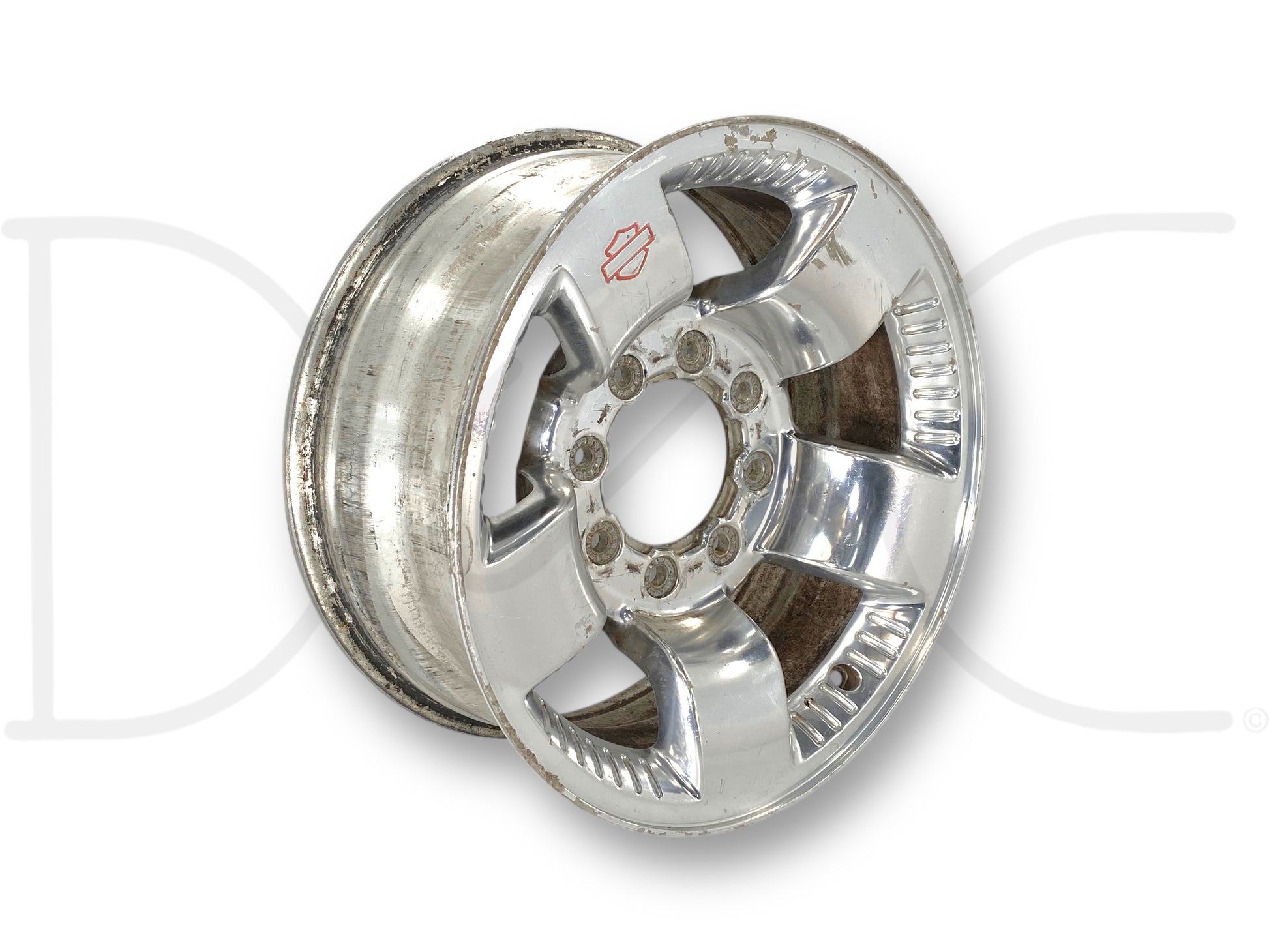99-04 Ford F250 F350 Harley Davidson 18" Wheel 18X8 Rim OE 4C34-1007-AC, used with wear, deep scratches, and surface blemishes shown on chrome finish suitable for Super Duty trucks.
